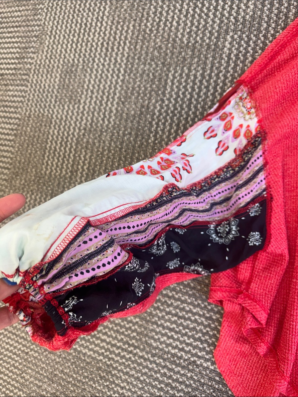 Free People We the Free Red Blossom Thermal Top with Paisley Sleeves, size XS - Picture 7 of 8